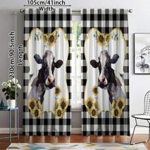 2 Panel Cow Farmhouse Kitchen Curtain Rod Pocket Short Sunflower Farm Animal Cow Plaid Pattern Living Room Bedroom Window Curtain