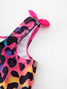 Young Girls Leopard Print Bow Decor Halter Bikini Top And Triangle Bottoms 2Pcs Set - Red - View 6