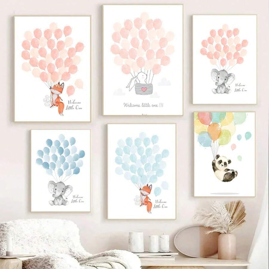 1 pieza Póster y estampado en lienzo con impresión de globos de animales de dibujos animados lindos, arte de pared moderno para decoración del hogar y regalo para la habitación de niña bebé sin marco - Multicolor - Ver 1