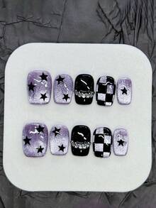 10pcs Purple Star Checkerboard Cat Eye Acrylic Press-On Nails, Short Square Full Cover Fake Nails With Jelly Gel And Nail File, DIY Manicure Supplies Handmade Press On Nails - Purple - View 3