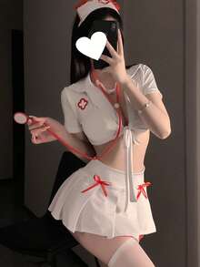 1 Set Sexy Lingerie, Nurse Costume, Swimwear, Nursing Student Tie-Up Allure Cosplay Outfit (Includes G-String + Headpiece) Halloween - Red and White - View 6