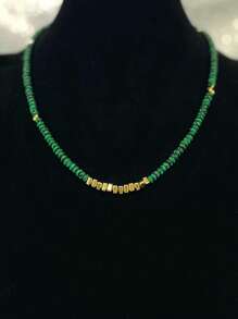 1pc Handmade Boho Malachite Necklace - Natural Stone Beads With Golden Spacers, Deep Green & Golden Bohemian Jewelry For Women, Casual Attire Or Gift, Boho-Chic Multi-Layer Beaded Necklace, Casual Accessory, Vintage Style, Detailed Craftsmanship, Fashion Enthusiasts