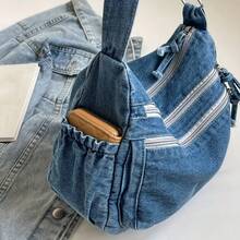 Women's Large Denim Crossbody Tote Bag - Adjustable Shoulder Strap, Multiple Zipper Compartments And Wrist Strap, Lightweight And Durable Canvas Wallet, Suitable For Casual Retro Daily Use, Shopping, Work - Màu xanh nhạt - Xem 3
