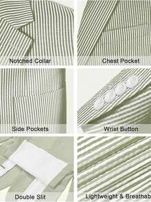 2PCS Men's Seersucker Suit, Mens Summer Spring Striped Seersucker Slim Fit Suit Grooms Lightweight Searsucker Suit For Beach Wedding - 綠色 - 查看 6