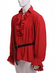 Retro Men's Shirt, Ruffle Lace Up V Neck Long Sleeve Solid Color Cosplay Prince Drama Stage Costume - Red - View 6