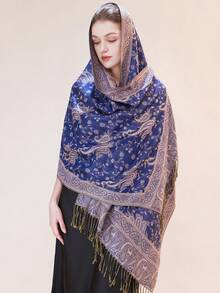 1件 68*200厘米 女士多色复古提花佩斯利波西米亚风长流苏防风披肩围巾，适合日常外出、旅行和拍照，波西米亚风，时尚设计师新款优雅系列礼物，婚礼新娘伴娘披肩旅行 - 藍色 - 查看 1