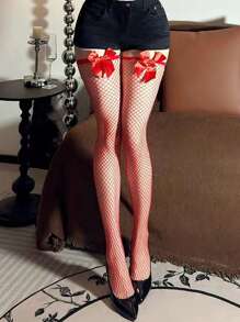 1 Pair Women's Red Bow-Tied Fishnet Thigh High Socks, Sexy Fit For Christmas