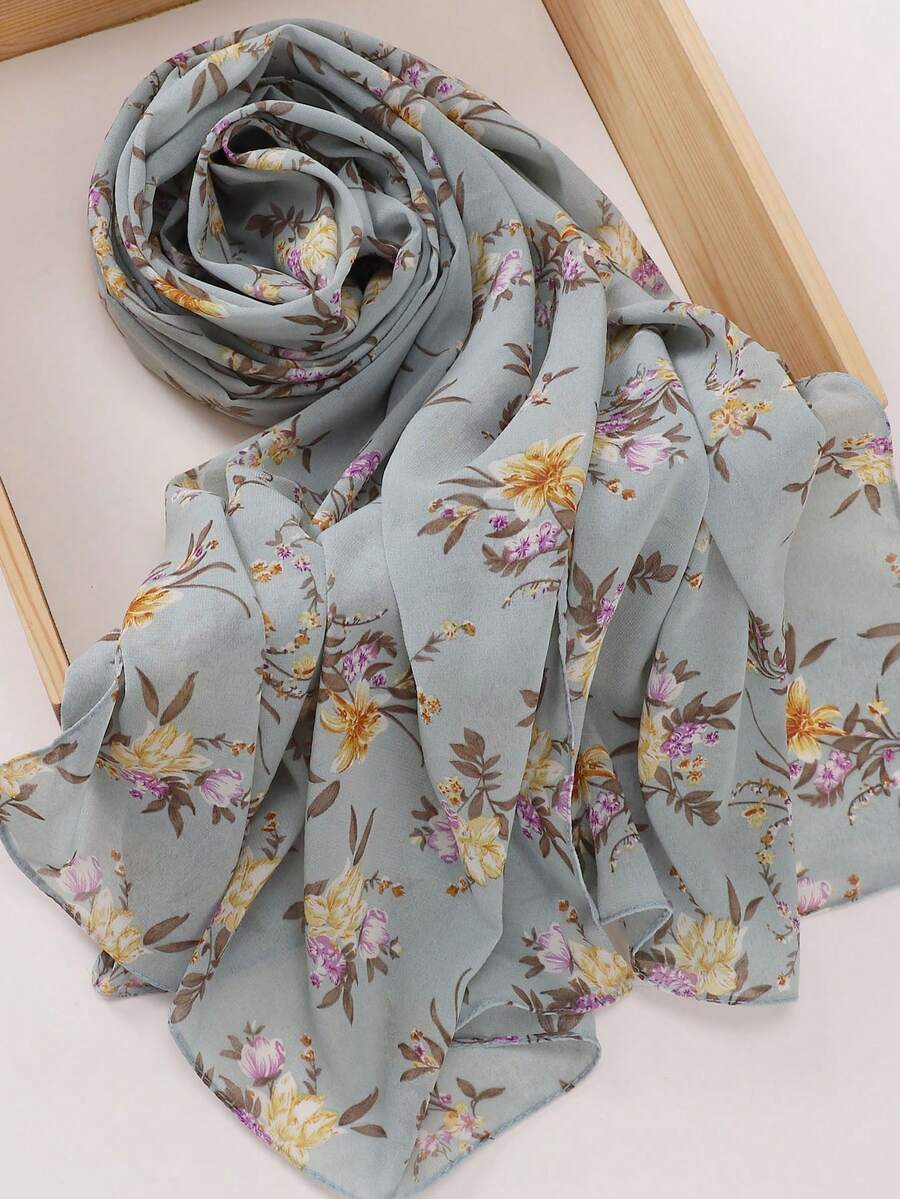 1 件女士仿珍珠雪纺花卉印花头巾、头巾、女士长袍配饰 - 淺綠 - 查看 1