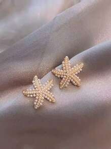 1 paire de boucles d'oreilles à tige avec étoile de mer en faux perle et strass, style classique et européenne et américaine