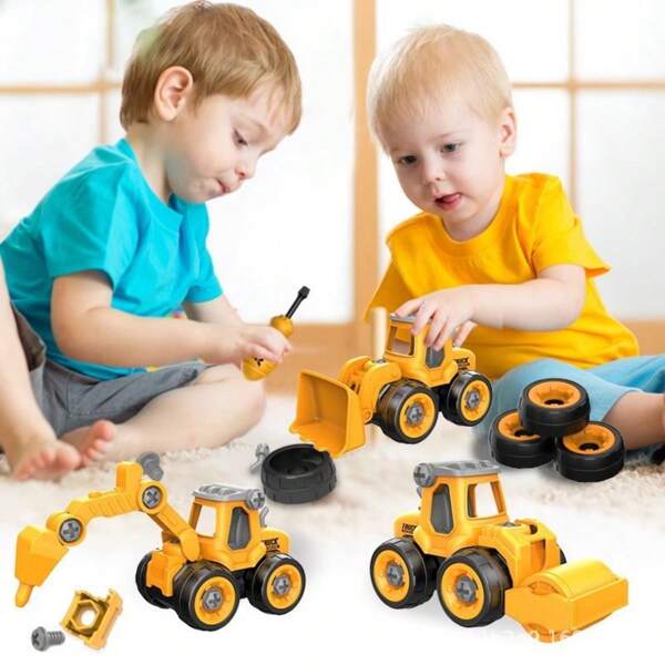 Bouwvrachtwagen voor kinderen, DIY-demontage, montagemoerenpuzzel, educatieve voertuigset, inclusief 4 voertuigen + 1 schroevendraaier, ter verbetering van de concentratie en praktische vaardigheden van kinderen, geweldig voor kinderen, verjaardagen, feesten en cadeaus voor het nieuwe schooljaar.