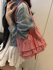 Ruffled Hem Plaid Tote Bag, Women's One Shoulder Underarm Handbag, New Design