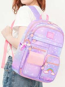 1 pieza Mochila con estampado de corazón arcoíris con colgante lindo de arcoíris y margarita, de alta capacidad con múltiples bolsillos, correa para el hombro ajustable, forro de poliéster, cierre de cremallera, tela impermeable, adecuado para ir y venir, uso diario, bolsa escolar, regalo para volver a la escuela