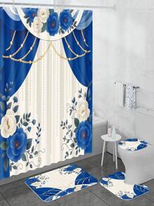 1/4pcs - Blue Floral Shower Curtain Set, Vintage Flower Curtain Faux Pearl Modern Art Decorative 12 Hooks Waterproof Shower Curtain, Non-Slip Bathroom Floor Mat, Toilet U-Shaped Mat, Cover Mat, Home Decor Gift Back To School
