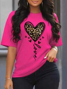 playera casual de mujer con estampado geométrico de corazón camiseta de punto de manga corta con cuello redondo para todas las estaciones. - Rosa Fucsia - Ver 1