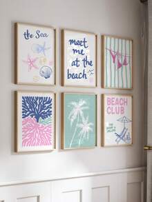 6幅珊瑚比基尼印花、棕榈树、海星墙画，夏季海滩卧室装饰海报，节日礼物，无框 - 粉色 - 查看 1