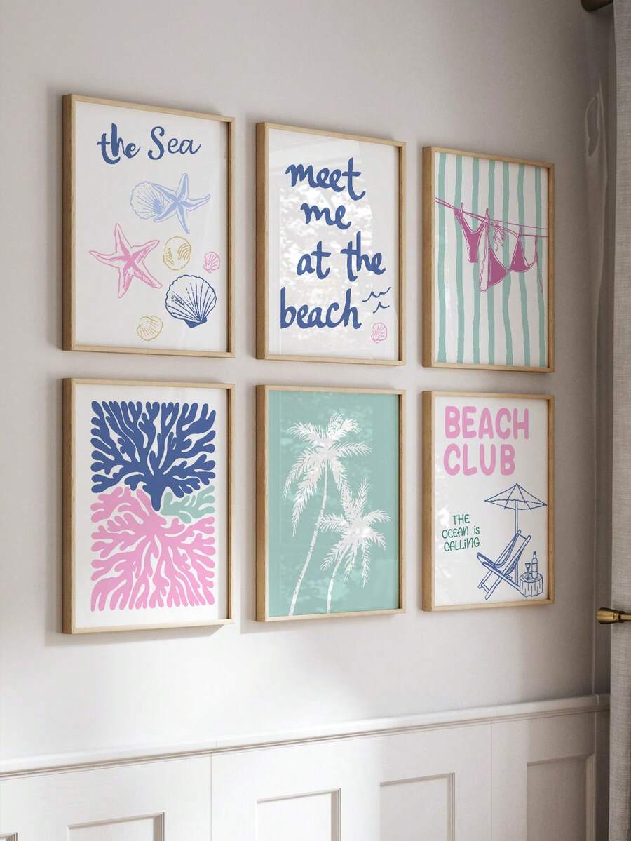 6幅珊瑚比基尼印花、棕榈树、海星墙画，夏季海滩卧室装饰海报，节日礼物，无框 - 粉色 - 查看 1