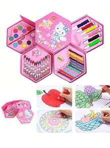 Sanrio 1Set Hello Kittys 46 Color Watercolor Brush Painting Kit Rotating Storage Painting Combination Set Suitable For School Office And Daily Use Gift(Some Parts May Be Random) School Supplies, Back To School