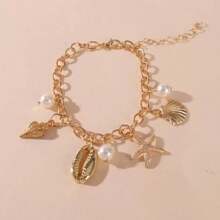 1pc Gold Starfish Conch Shell Charm Bracelet For Women Beach Resort Boho Style Shell Starfish Bracelet, Beach Resort Jewelry, Summer Jewelry, Birthday Gift