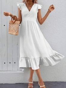 Elegante Vestido Largo De Color Sólido Para Mujer, Vestido Manga Corta Con Volante, Vestido Morado Cuello en V - Blanco - Ver 1