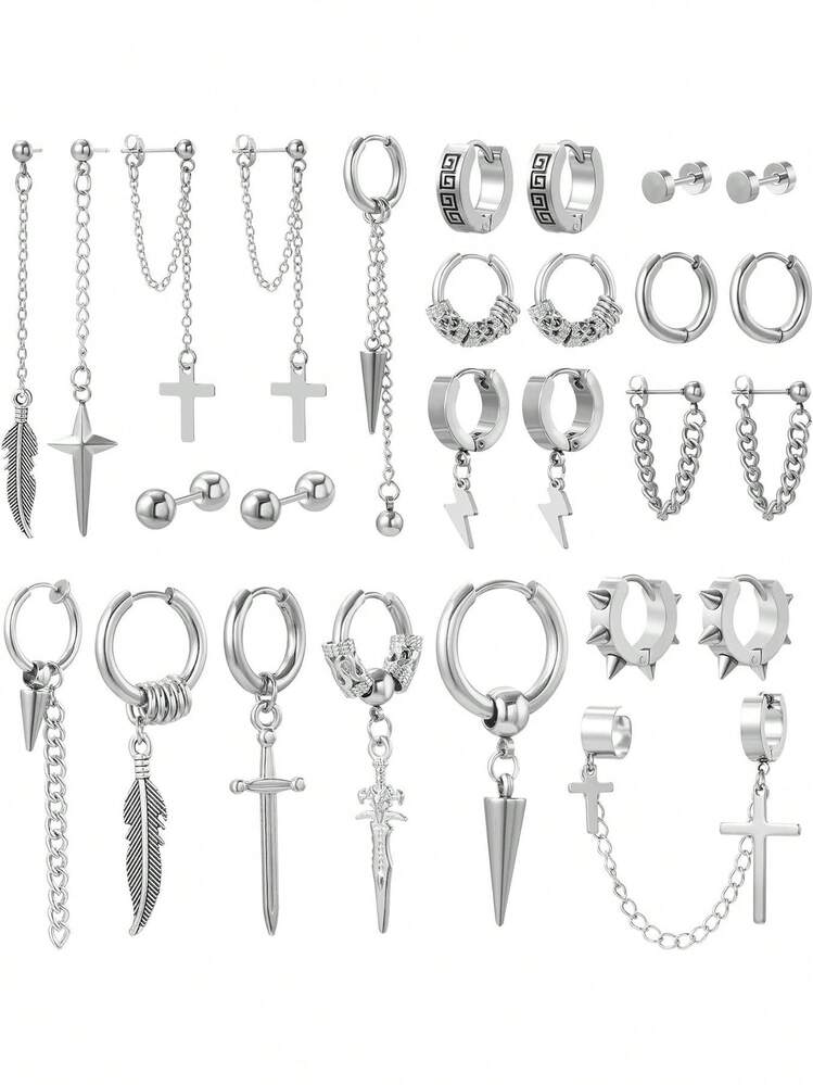 27 件/套不锈钢黑色/银色十字架和羽毛吊坠耳环，男士环形和耳钉耳环套装，朋克风格日常佩戴和节日礼物 - 彩色 - 查看 6