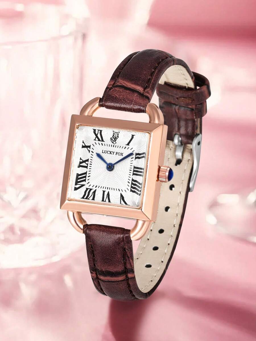 LUCKYFOX 1pc Women's Casual Simple Business Style Zinc Alloy Retro Quartz Square Leather Strap Watch, Suitable For Daily Life
