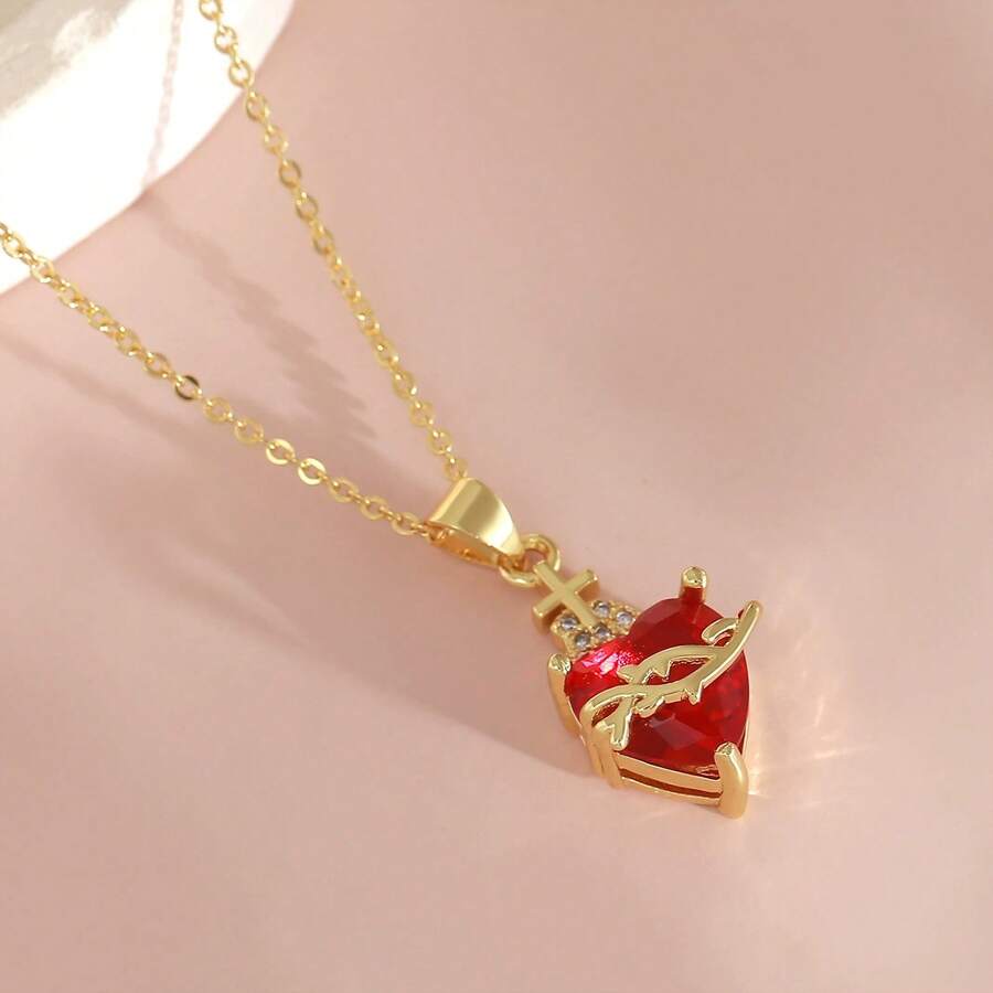1Pc Sacred Heart Of Jesus Necklace For Women Red Cubic Zirconia Cross Pendant Stainless Steel Chain Necklace Religious Jewelry Accessories Gifts For Her - Sacred Heart Of Jesus - View 1