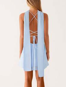 Women Y2K Floral Mini Dress With Choker Scarf Spaghtti Strap V-Neck Low Cut Mesh Bodycon Short Dresses Summer Backless Sleeveless Going Out Cami Dress Beach Vacation Party Club Cute Sundress - 藍色 - 查看 2
