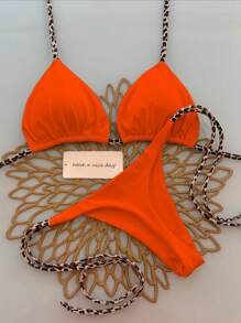 Set de 2 piezas Bikini minimalista y sexy con tiras de cuello halter y estampado de leopardo, para mujer