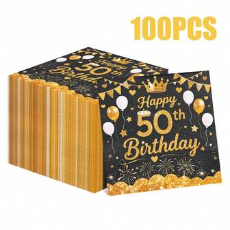 100/60/20pcs 13 * 13 Inch Disposable Birthday Themed Party Napkins, Black Background, Golden 50th Birthday Happy Text, Birthday Crown And Balloon Pattern, Used For Birthday Parties, Family Gatherings, Hotel And Restaurant Decoration Napkins