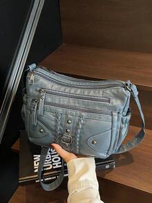 1 件复古女士多层斜挎包单肩包小方包零钱包多功能轻便便携式拉链封口可调节肩带多口袋适用于日常通勤包适合旅行度假商务户外购物运动超市学校工作礼物送给朋友妈妈生日礼物纯色 PU 皮革金属铆钉和拉链装饰休闲包适合学生适合女士妈妈白领旅行配件