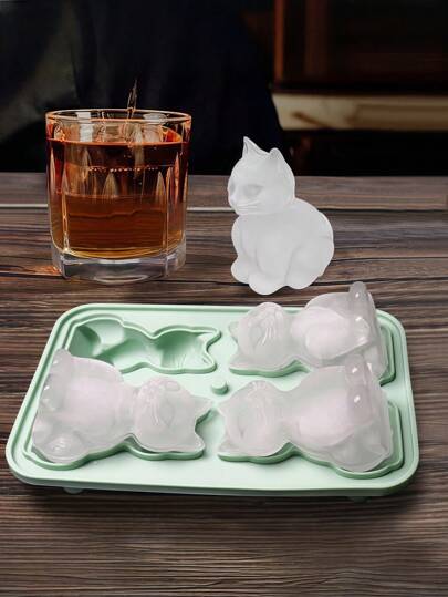 1pc 4-Hole Ice Cube Tray, Cute Cat Shaped Ice Maker, Reusable Ice Trays For Freezer, Flexible Silicone Ice Molds