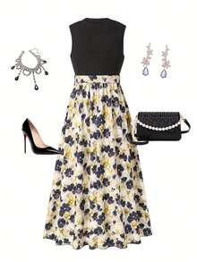 Teenage Girl Sleeveless Floral Print Casual Dress, Comfortable Garment For Spring/Summer - Black - View 2