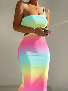 ChicMe Ombre One Shoulder Cutout Ribbed Bodycon Dress For Women Tie Dye Ribbed Skinny Dress Party Clubwear Evening Cocktail Date Wear - Rose Red - View 2