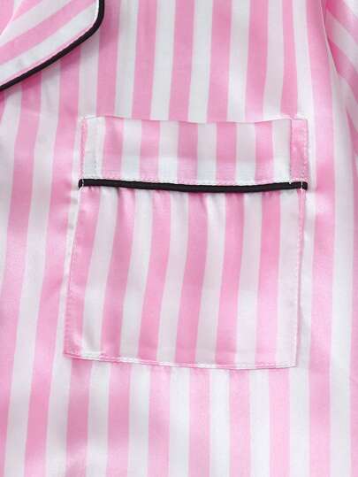 Satijnen Women Pajama Set, Short Sleeve Top, Shorts Pants, Loose Sleepwear Com Tafel Home Outdoor, Roze view 6