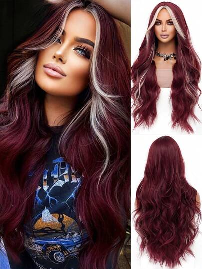 Natural Sexy Long Wave Medium Burgundy Highlight Blonde Wig Women Daily Use Party Wig Synthetic Loose Medium Fuchsia Wig Halloween Christmas Cosplay Use Romantic Casual Street Heat Resistant Wig 34 Inch