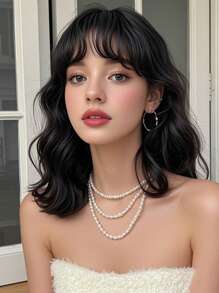 XYUNMI Retro Natural Black Short Curly Bob Wig 16 Inch With Bangs Water Wave Wig Easy To Care Breathable Fluffy Natural Women's Heat Resistant Synthetic Fiber Wig Suitable For Daily Wear Holiday Party Wig Cosplay Halloween Fashion Wig