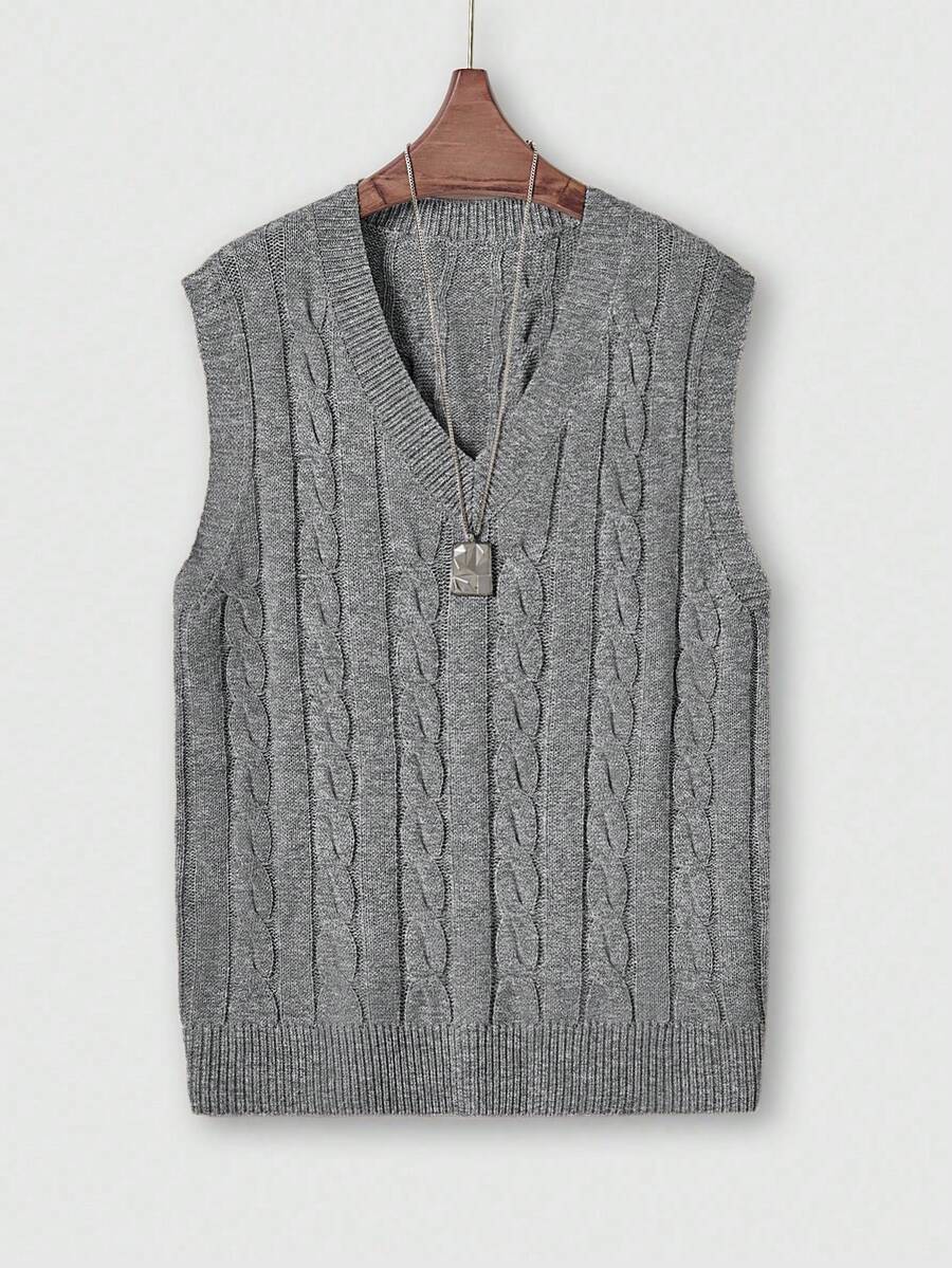 Men's V-Neck Solid Color Knit Sweater Vest - Grey - View 1