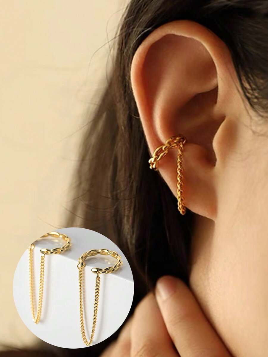 1 件 S925 纯银耳夹 14k 镀金个性化扣无耳孔流苏链耳环女士可叠戴珠宝 - 單隻耳夾 - 查看 1