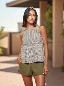 Women's Tie Strap Tank Tops Solid Plaid Pattern Side Ties Sleeveless Spaghetti Straps Camisole for Summer - Café integral - Ver 2