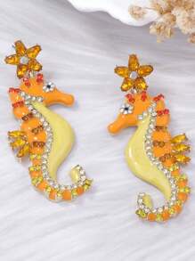 1pc Fashionable Elegant Ocean Holiday Style Geometric Rhinestone Inlaid Star & Seahorse Colored Symmetrical Dangle Earrings