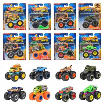 Hot Wheels Hot Wheels Monstertrucks, 25K/25J 1 speelgoedvrachtwagen op schaal 1:64 en 1 vervormbare auto, speelgoedvoertuigen met gigantische wielen, speelplezier voor kinderen en verzamelaars, Alloy Wild Bigfoot Inertia Boy offroad klimstrand speelgoedauto FJY44 1 stuk