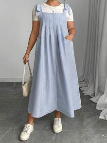 Women's Spring Summer Overall Dress Sleeveless Tie Shoulder Loose Striped Plus Size Dresses - 藍色 - 查看 1