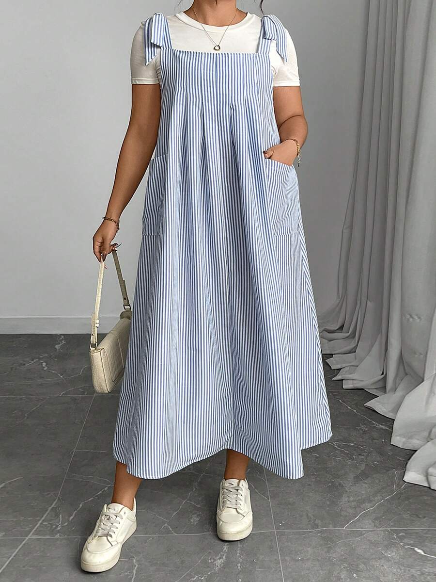 Women's Spring Summer Overall Dress Sleeveless Tie Shoulder Loose Striped Plus Size Dresses - 藍色 - 查看 1
