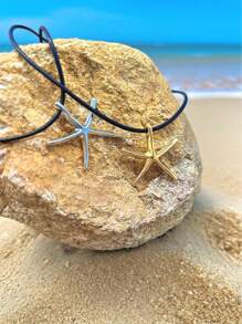 1pc Simple And Exquisite Starfish Pendant Necklace, Black Leather Rope Sexy Chain Suitable For Women's Daily Wear, Beach Jewelry Gift