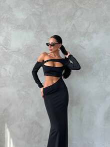 Vestido elegante de mujer con espalda descubierta, abertura y volantes en el bajo, vestido formal para boda, fiesta y noche - Negro - Ver 1