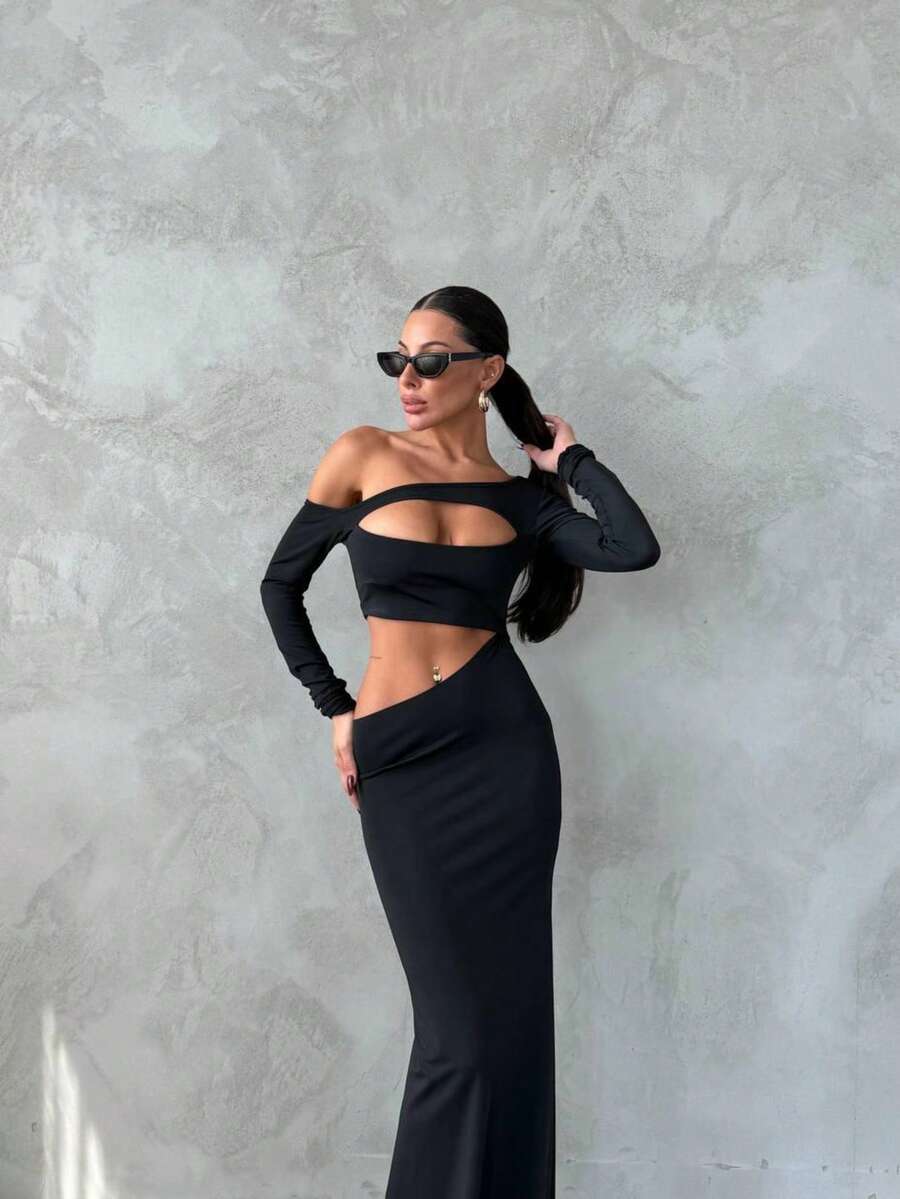 Vestido elegante de mujer con espalda descubierta, abertura y volantes en el bajo, vestido formal para boda, fiesta y noche - Negro - Ver 1