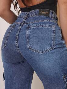 Women's Wide Leg Cargo Jeans With High Waist And Premium Side Pockets - 中等水洗藍 - 查看 8