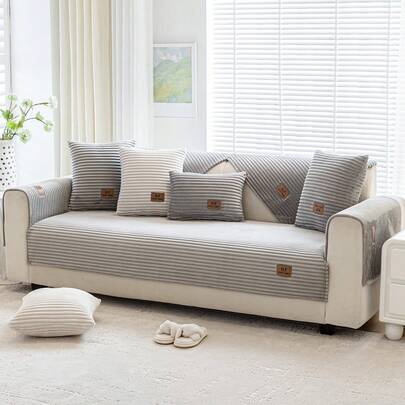 1pc Minimalist Plush Striped Sofa Cushion Cover - Pet Friendly, Non-Slip, Fits 1/2/3/4 Seater Sofa Combination. Sofa Protector Cover For Living Room And Home Furniture, Decorative Label Design For Premium Quality.