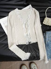 Apricot Lace Patchwork Short Tie Knit Cover Up, V-Neck Sunscreen Cover Up Jacket For Women, Summer