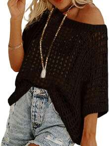 Jersey de mujer con cuello redondo y manga corta con efecto calado, adecuado para usar como cubierta en resort y playa, para primavera y verano - Negro - Ver 2